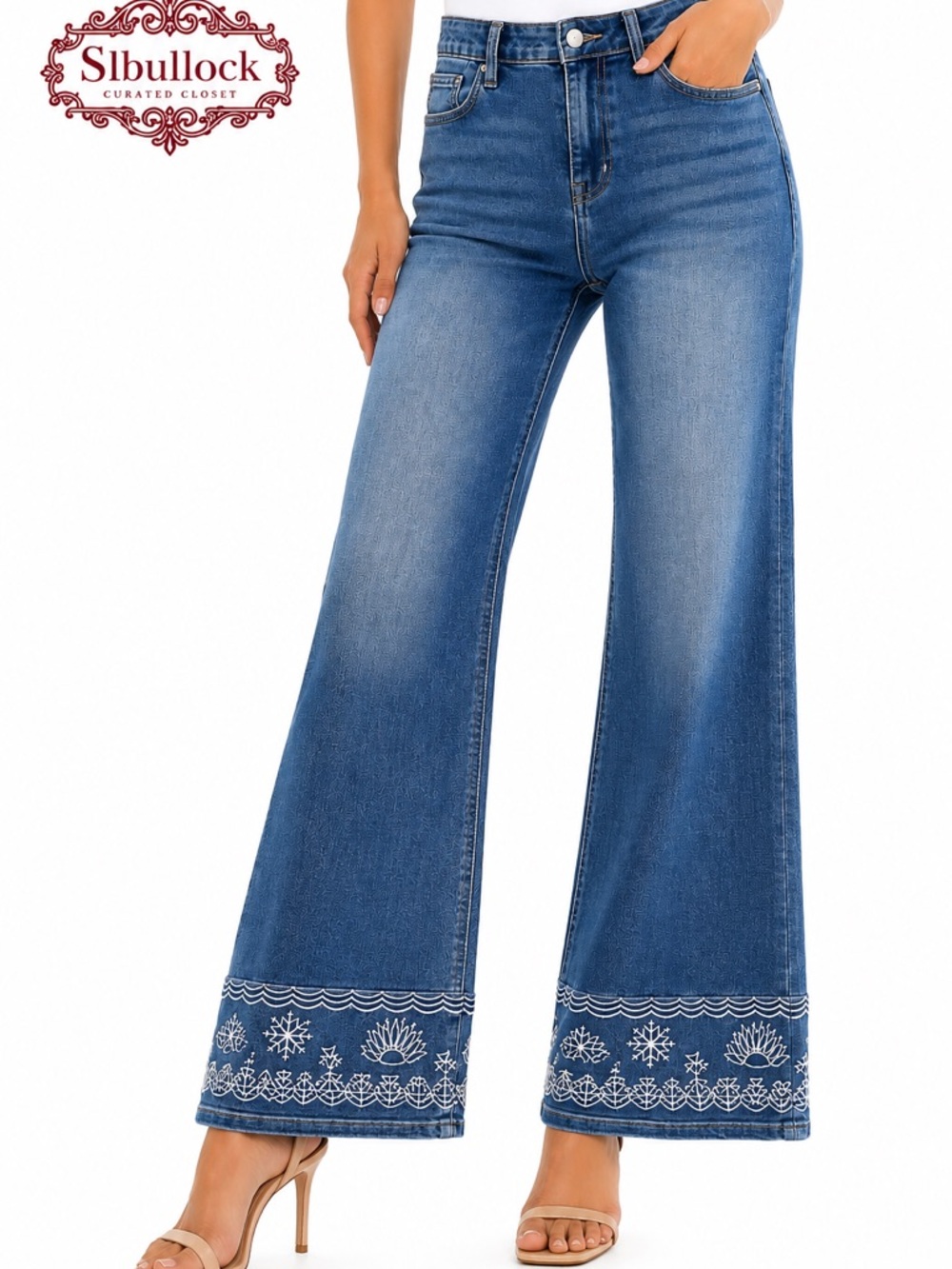 FLAMINGALS Embroidered Hem Wide Leg Jeans Size S Fits 6/8 Stretch  Western Denim